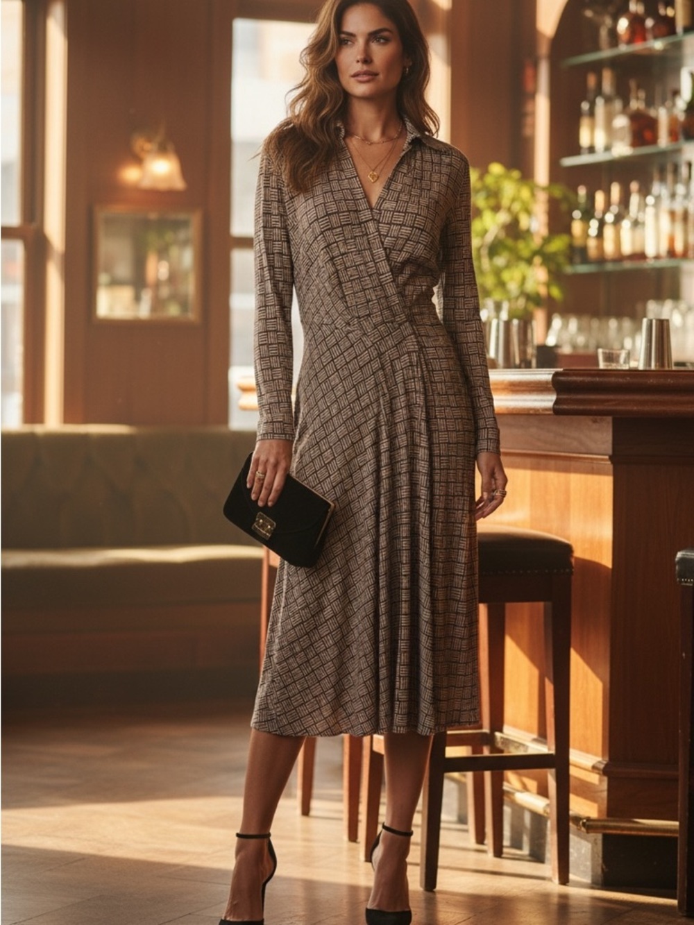 Worth Vintage Silk Geometric Wrap Midi Dress Brown V Neck 90s Minimalist